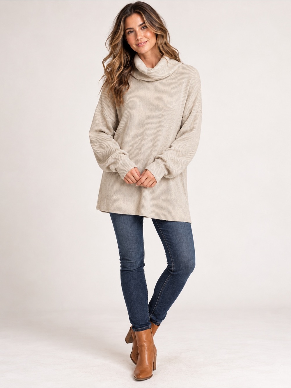 Free People Oversized Ribbed Cowl Neck Sweater Beige Cozy Knit EUC Medium